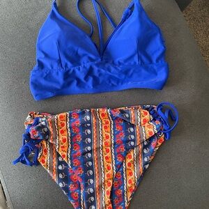 Blue Bikini Top with Floral Bottom